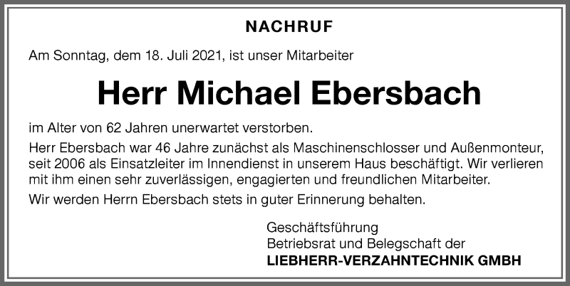  Traueranzeige für Michael Ebersbach vom 31.07.2021 aus Allgäuer Zeitung,Kempten