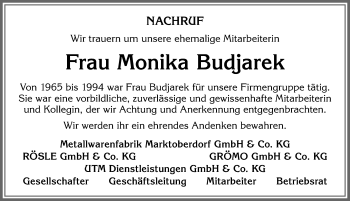 Traueranzeige von Monika Budjarek von Allgäuer Zeitung, Marktoberdorf