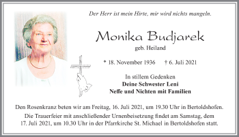 Traueranzeige von Monika Budjarek von Allgäuer Zeitung, Marktoberdorf
