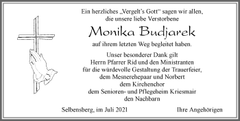 Traueranzeige von Monika Budjarek von Allgäuer Zeitung, Marktoberdorf