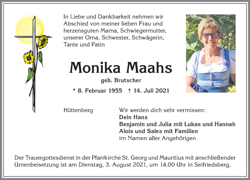  Traueranzeige für Monika Maahs vom 30.07.2021 aus Allgäuer Anzeigeblatt