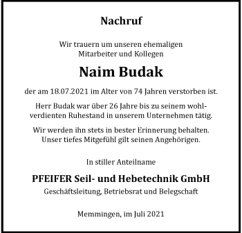 Traueranzeige von Naim Budak von Memminger Zeitung