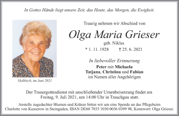 Traueranzeige von Olga Maria Grieser von Allgäuer Zeitung, Füssen