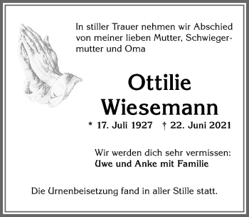 Traueranzeige von Ottilie Wiesemann von Allgäuer Zeitung,Kempten