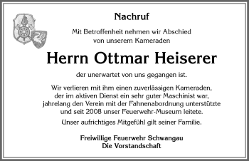 Traueranzeige von Ottmar Heiserer von Allgäuer Zeitung, Füssen