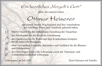 Traueranzeige von Ottmar Heiserer von Allgäuer Zeitung, Füssen