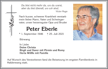 Traueranzeige von Peter Eberle von Allgäuer Zeitung,Kempten