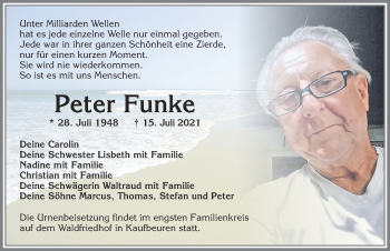 Traueranzeige von Peter Funke von Allgäuer Zeitung, Kaufbeuren/Buchloe