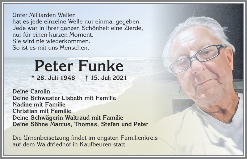  Traueranzeige für Peter Funke vom 17.07.2021 aus Allgäuer Zeitung, Kaufbeuren/Buchloe