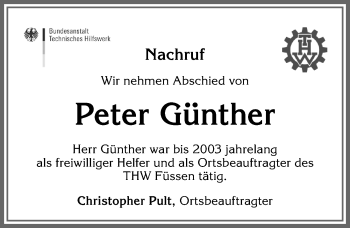 Traueranzeige von Peter Günther von Allgäuer Zeitung, Füssen