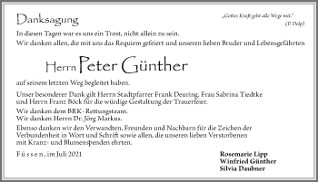 Traueranzeige von Peter Günther von Allgäuer Zeitung, Füssen
