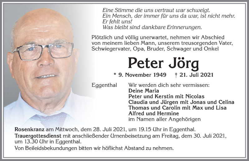  Traueranzeige für Peter Jörg vom 26.07.2021 aus Allgäuer Zeitung, Kaufbeuren/Buchloe