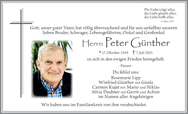  Traueranzeige für Peter Günth Günther vom 16.07.2021 aus Allgäuer Zeitung, Füssen