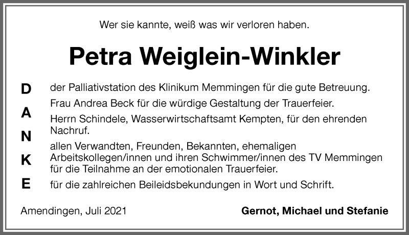 Traueranzeige für Petra Weiglein-Winkler vom 17.07.2021 aus Memminger Zeitung