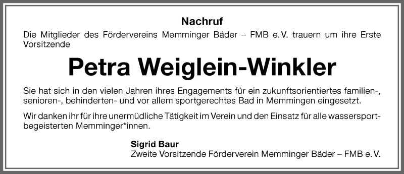  Traueranzeige für Petra Weiglein-Winkler vom 01.07.2021 aus Memminger Zeitung