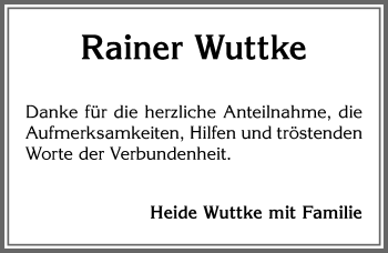 Traueranzeige von Rainer Wuttke von Allgäuer Zeitung, Marktoberdorf