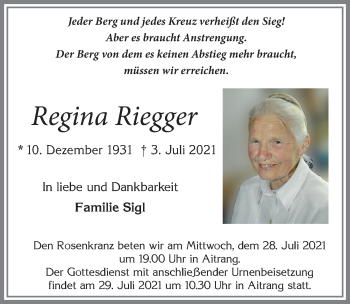 Traueranzeige von Regina Riegger von Allgäuer Zeitung, Marktoberdorf