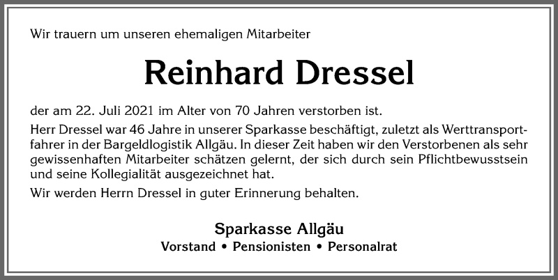  Traueranzeige für Reinhard Dressel vom 31.07.2021 aus Allgäuer Anzeigeblatt