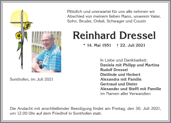 Traueranzeige von Reinhard Dressel von Allgäuer Anzeigeblatt