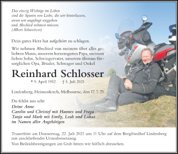 Traueranzeige von Reinhard Schlosser von Der Westallgäuer