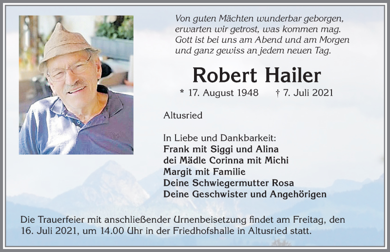  Traueranzeige für Robert Hailer vom 10.07.2021 aus Allgäuer Zeitung,Kempten