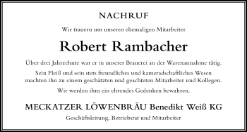 Traueranzeige von Robert Rambacher von Der Westallgäuer