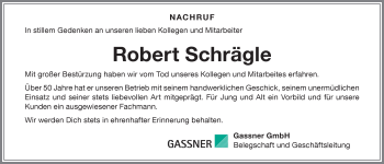Traueranzeige von Robert Schrägle von Allgäuer Zeitung,Kempten