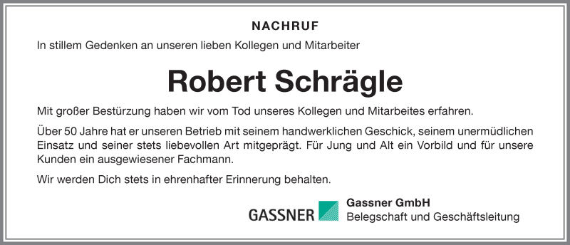  Traueranzeige für Robert Schrägle vom 17.07.2021 aus Allgäuer Zeitung,Kempten