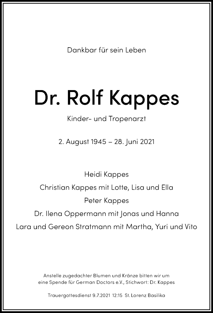  Traueranzeige für Rolf Kappes vom 03.07.2021 aus Allgäuer Zeitung,Kempten