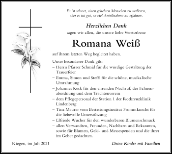 Traueranzeige von Romana Weiß von Der Westallgäuer