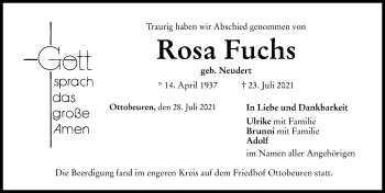 Traueranzeige von Rosa Fuchs von Memminger Zeitung