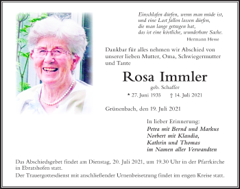 Traueranzeige von Rosa Immler von Der Westallgäuer