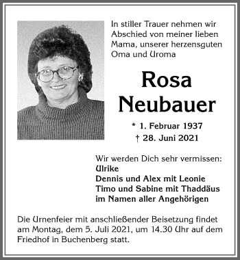 Traueranzeige von Rosa Neubauer von Allgäuer Zeitung,Kempten