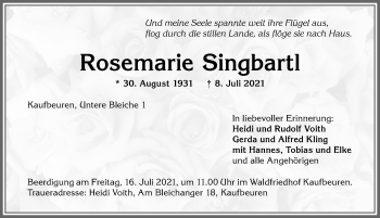 Traueranzeige von Rosemarie Singbartl von Allgäuer Zeitung, Kaufbeuren/Buchloe