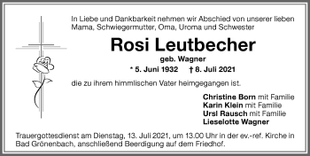 Traueranzeige von Rosi Leutbecher von Memminger Zeitung
