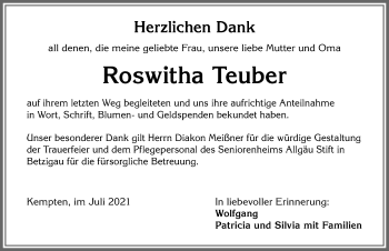 Traueranzeige von Roswitha Teuber von Allgäuer Zeitung,Kempten