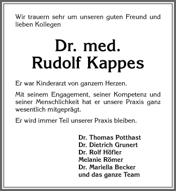 Traueranzeige von Rudolf Kappes von Allgäuer Zeitung,Kempten