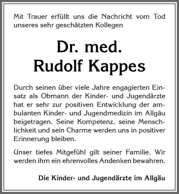 Traueranzeige von Rudolf Kappes von Allgäuer Zeitung