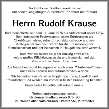 Traueranzeige von Rudolf Krause von Allgäuer Zeitung, Kaufbeuren/Buchloe
