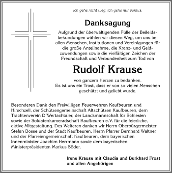 Traueranzeige von Rudolf Krause von Allgäuer Zeitung, Kaufbeuren/Buchloe