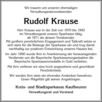 Traueranzeige von Rudolf Krause von Allgäuer Zeitung, Kaufbeuren/Buchloe