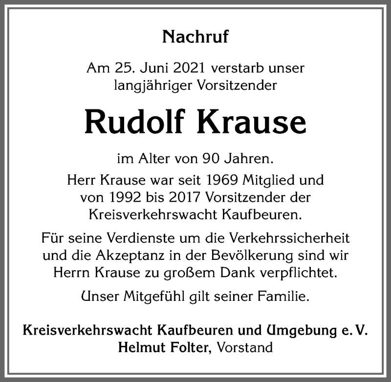  Traueranzeige für Rudolf Krause vom 01.07.2021 aus Allgäuer Zeitung, Kaufbeuren/Buchloe