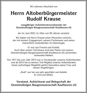 Traueranzeige von Rudolf Krause von Allgäuer Zeitung, Kaufbeuren/Buchloe