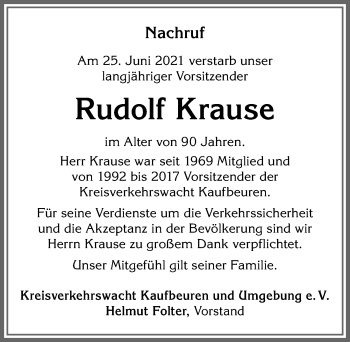 Traueranzeige von Rudolf Krause von Allgäuer Zeitung, Kaufbeuren/Buchloe