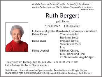 Traueranzeige von Ruth Bergert von Der Westallgäuer