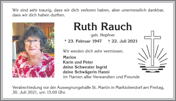 Traueranzeige von Ruth Rauch von Allgäuer Zeitung, Marktoberdorf