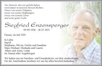 Traueranzeige von Siegfried Enzensperger von Allgäuer Zeitung, Füssen