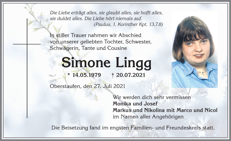  Traueranzeige für Simone Lingg vom 27.07.2021 aus Allgäuer Anzeigeblatt