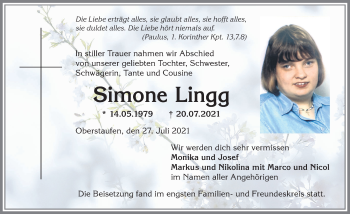 Traueranzeige von Simone Lingg von Allgäuer Anzeigeblatt