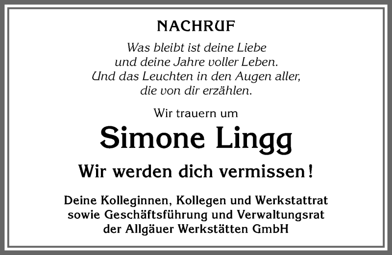  Traueranzeige für Simone Lingg vom 27.07.2021 aus Allgäuer Anzeigeblatt